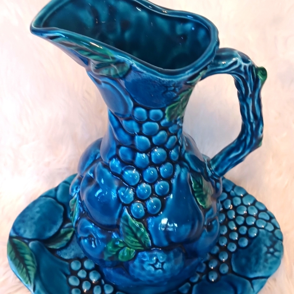 Inarco Japan Ceramic Blue Pitcher and Plate Set